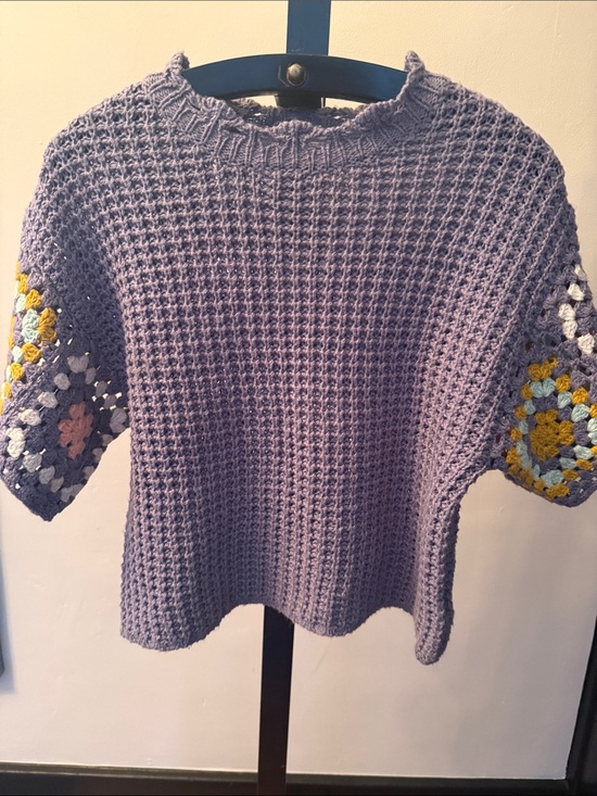 Universal Thread Sweaters - Dusty blue Crochet Knit Women's Sweater with Granny by Square Accents